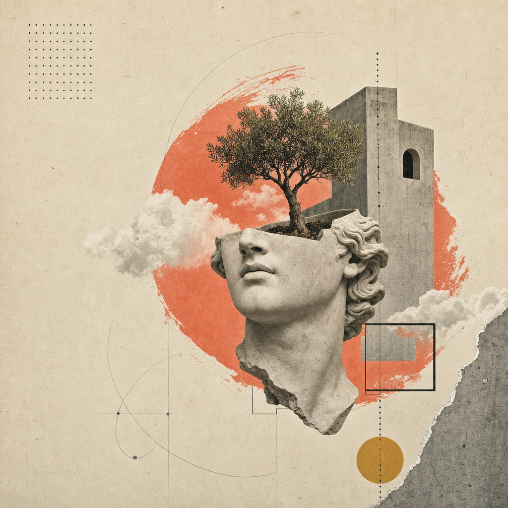 Editorial collage plate for a revenue operating system